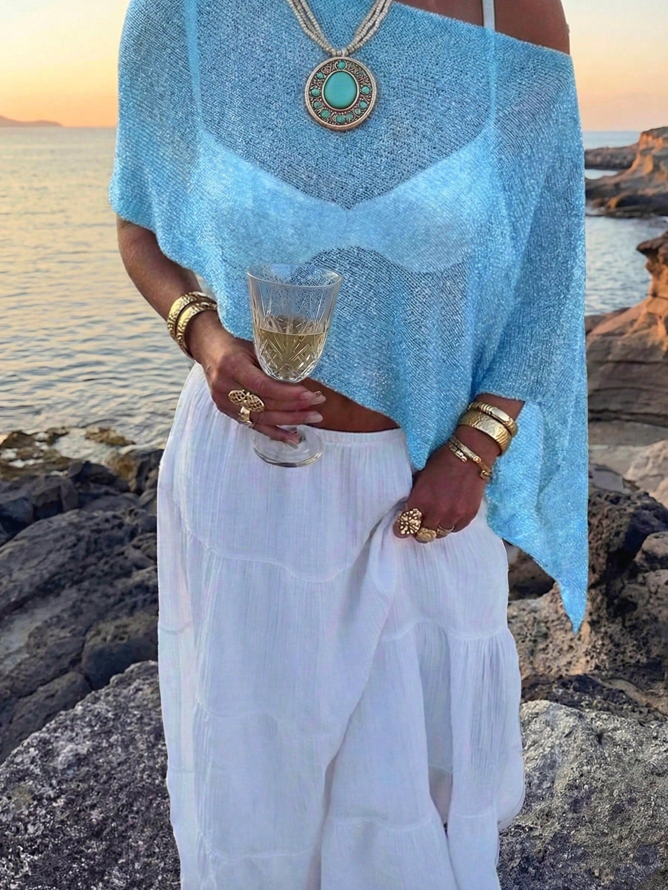 Plus Size Women's Casual Sexy Shiny Lightweight Textured Solid Color Hollow Knit Short Cape Batwing Sleeve Summer Beach Cover-Up Vacation
