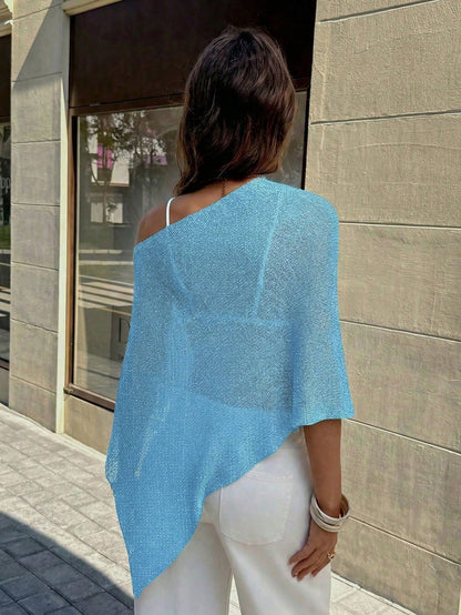 Plus Size Women's Casual Sexy Shiny Lightweight Textured Solid Color Hollow Knit Short Cape Batwing Sleeve Summer Beach Cover-Up Vacation