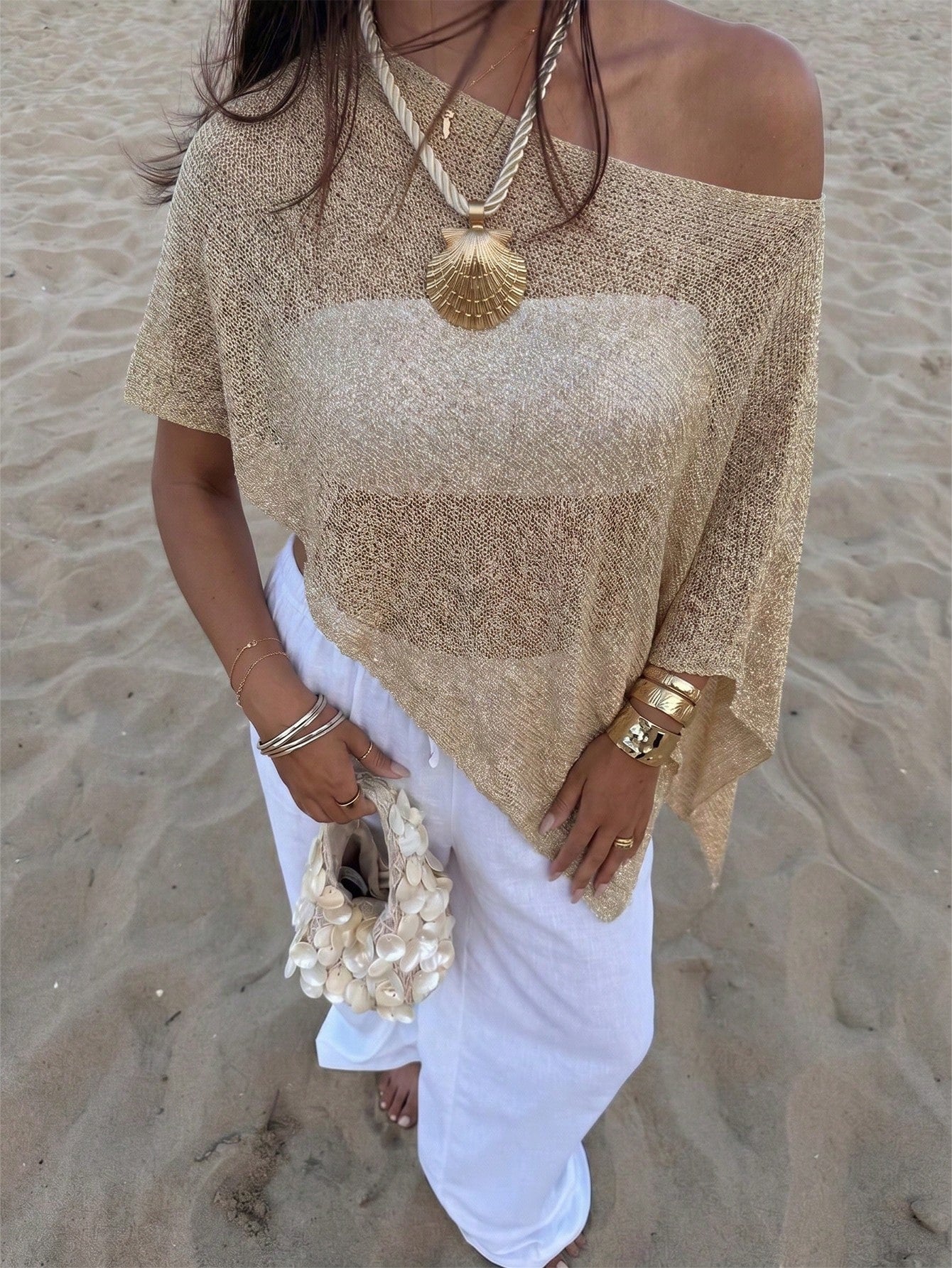 Plus Size Women's Casual Sexy Shiny Lightweight Textured Solid Color Hollow Knit Short Cape Batwing Sleeve Summer Beach Cover-Up Vacation