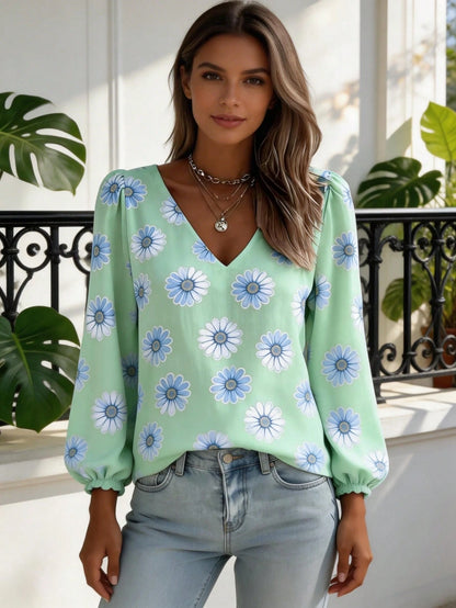 Plus Size Women's New Loose Lantern Sleeve Printed Blouse, Loose Slimming Fashion Versatile Commute Vacation Style V-Neck Long Sleeve Top, Party, Daily Casual Outing Wear, All Season Wear, Women's Fas