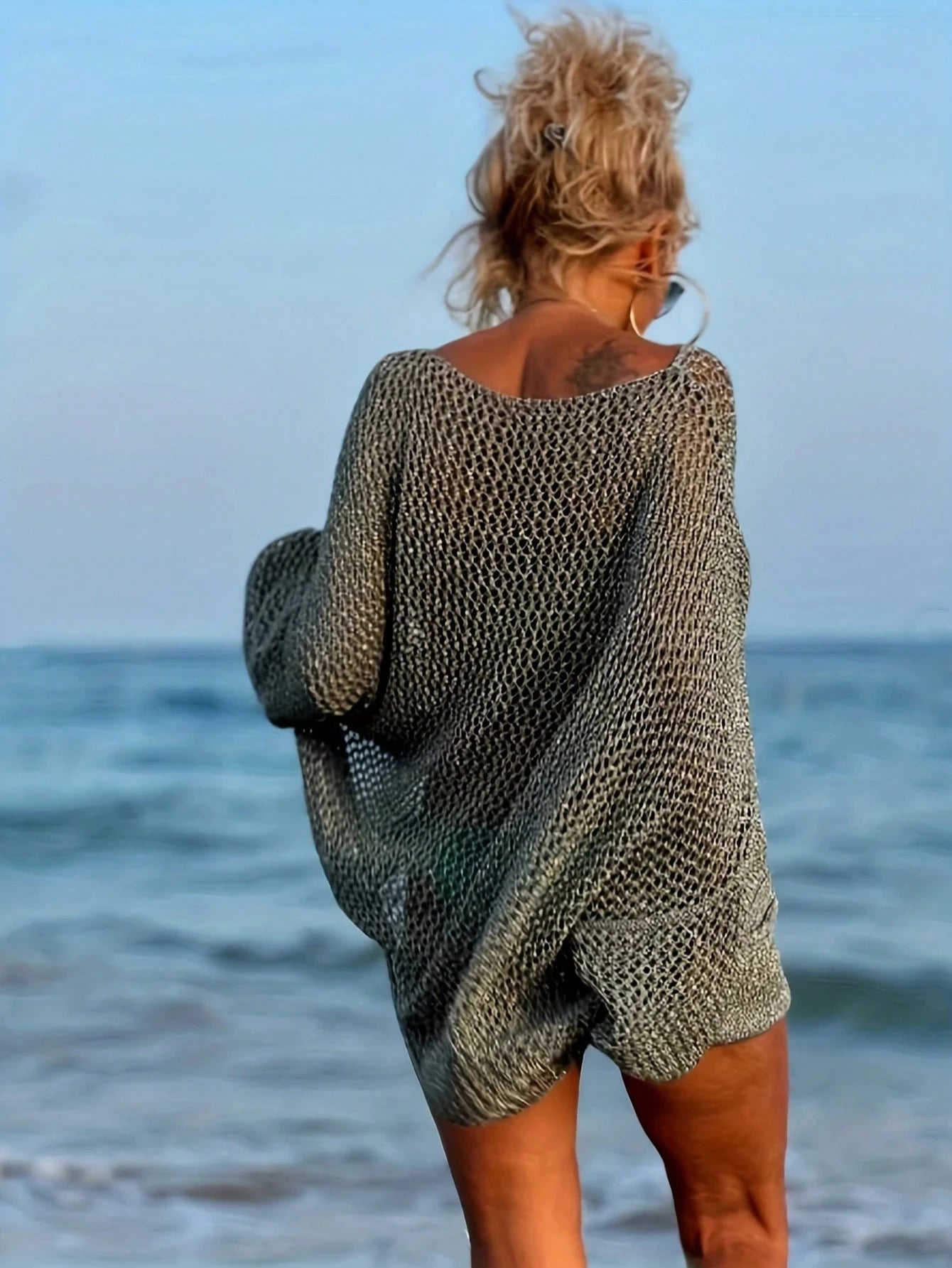 Plus Size Women's Sexy Hollow Out Loose Beach Knit Cover Up With Pockets, Long Sleeves And Round Neck Vacation Summer
