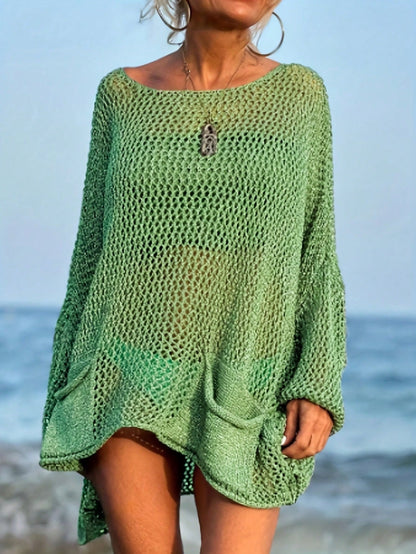 Plus Size Women's Sexy Hollow Out Loose Beach Knit Cover Up With Pockets, Long Sleeves And Round Neck Vacation Summer