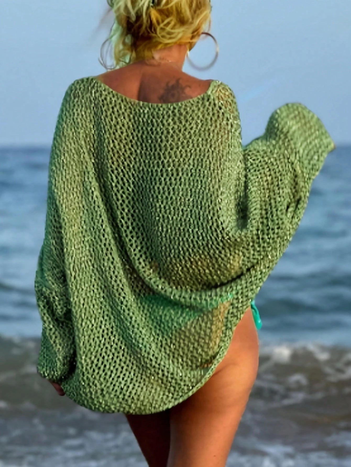 Plus Size Women's Sexy Hollow Out Loose Beach Knit Cover Up With Pockets, Long Sleeves And Round Neck Vacation Summer
