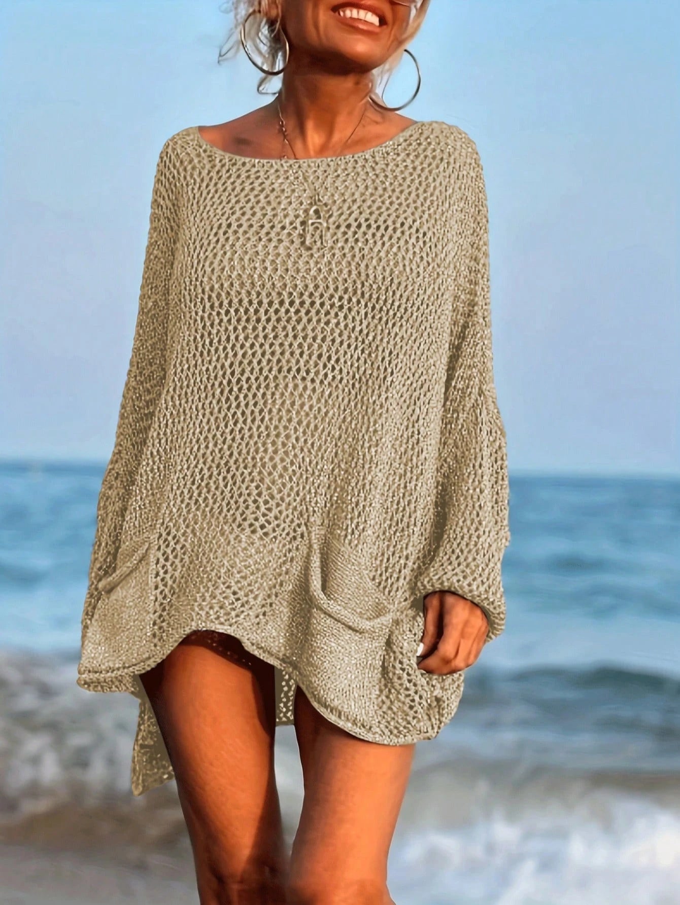 Plus Size Women's Sexy Hollow Out Loose Beach Knit Cover Up With Pockets, Long Sleeves And Round Neck Vacation Summer