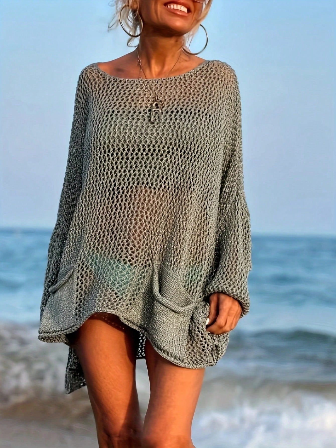 Plus Size Women's Sexy Hollow Out Loose Beach Knit Cover Up With Pockets, Long Sleeves And Round Neck Vacation Summer
