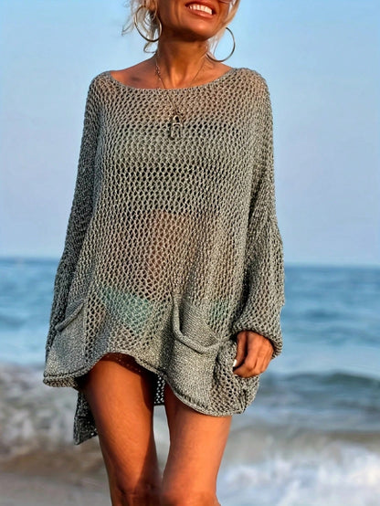 Plus Size Women's Sexy Hollow Out Loose Beach Knit Cover Up With Pockets, Long Sleeves And Round Neck Vacation Summer