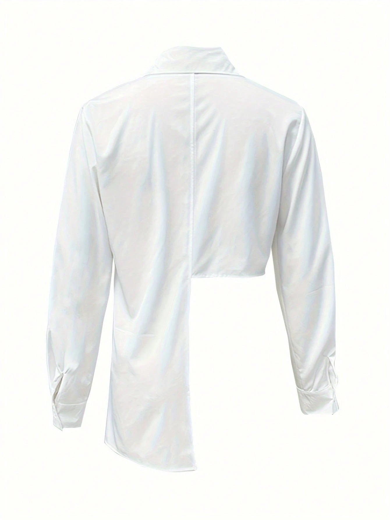 Plus Size Women's Solid Color Asymmetrical Button Front Long Sleeve Shirt, Minimalist Elegant Charm Asymmetric Design Blouse Vacation White