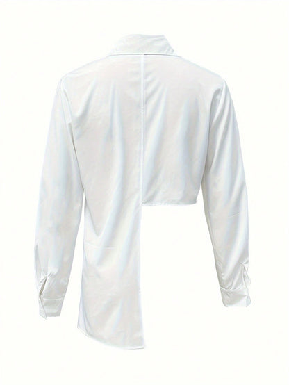 Plus Size Women's Solid Color Asymmetrical Button Front Long Sleeve Shirt, Minimalist Elegant Charm Asymmetric Design Blouse Vacation White