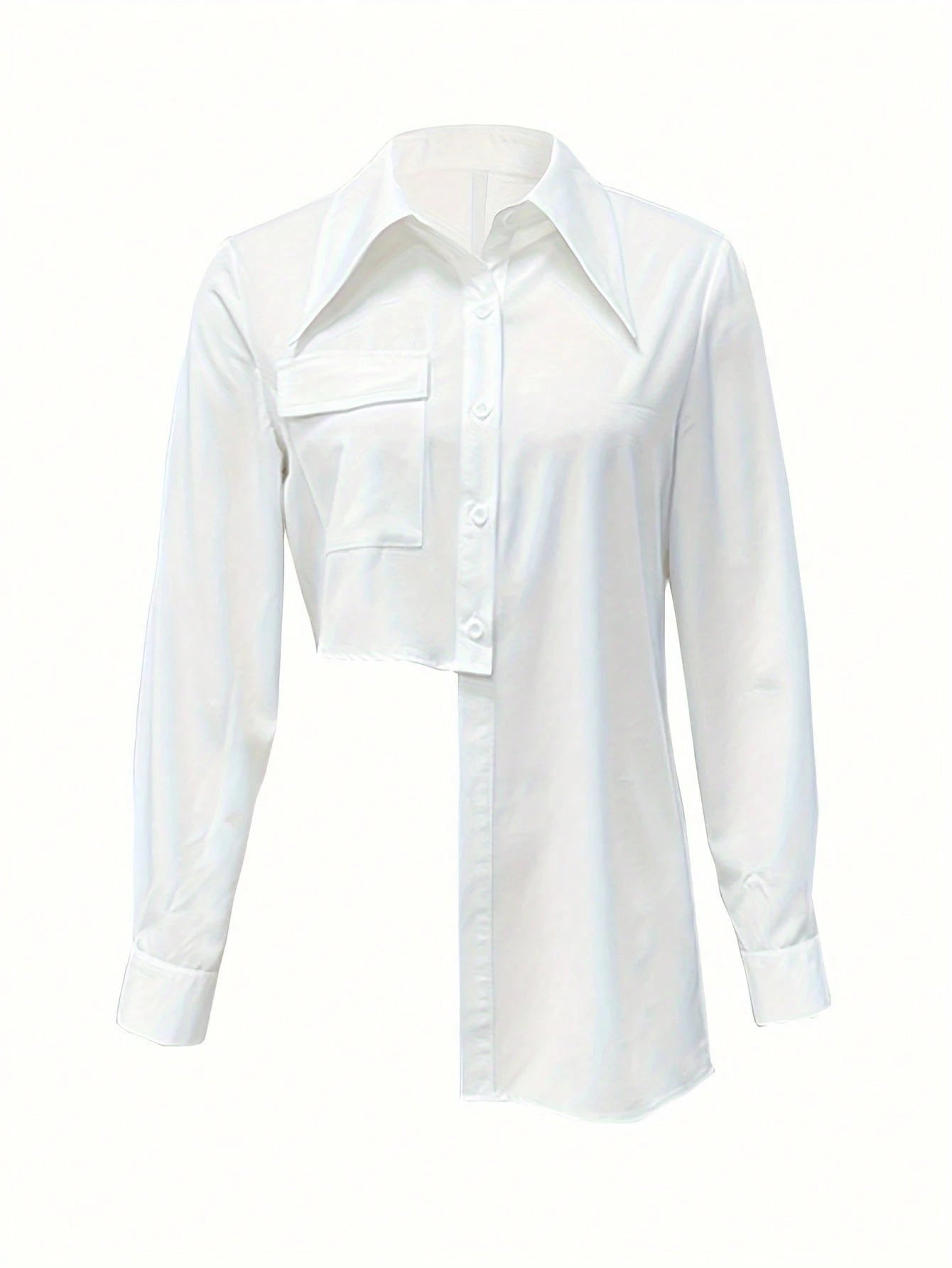 Plus Size Women's Solid Color Asymmetrical Button Front Long Sleeve Shirt, Minimalist Elegant Charm Asymmetric Design Blouse Vacation White