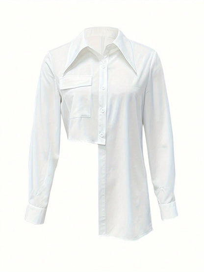 Plus Size Women's Solid Color Asymmetrical Button Front Long Sleeve Shirt, Minimalist Elegant Charm Asymmetric Design Blouse Vacation White