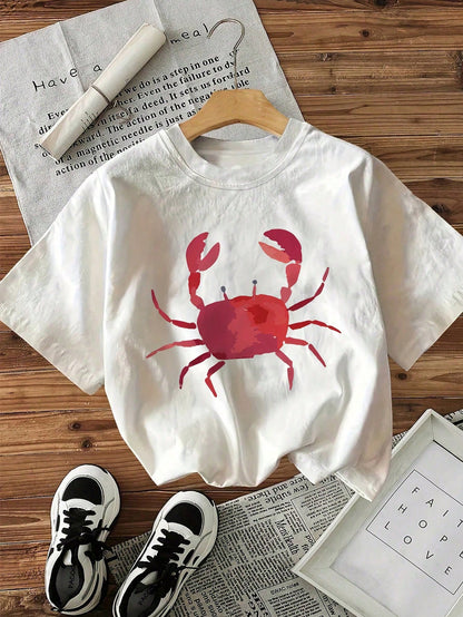Plus Size Women's T-Shirt, Simple Style Short-Sleeved Round Neck Solid Color Crab Print T-Shirt. White Summer Casual