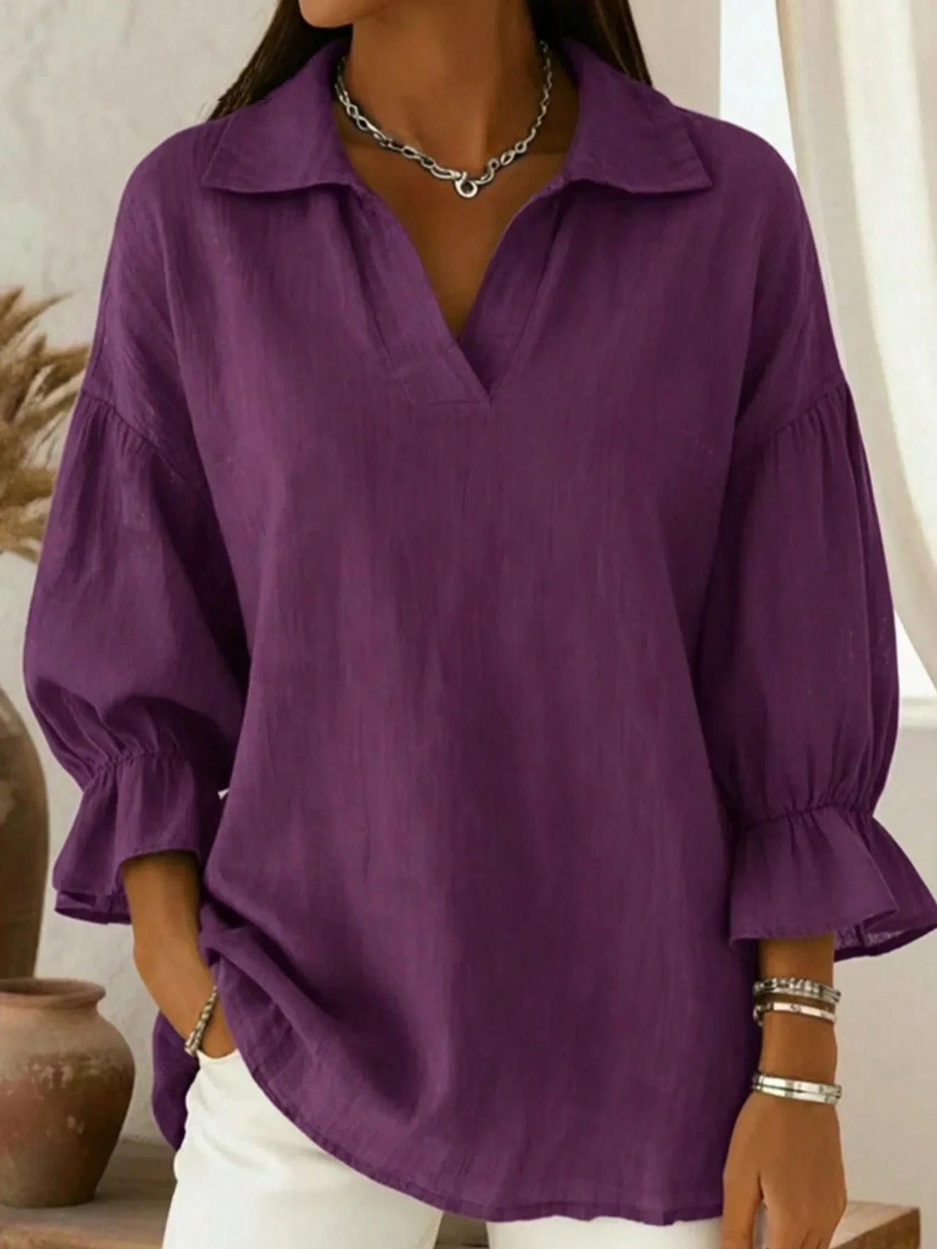 Plus Size Women Solid Color Collar Puff Sleeve Top