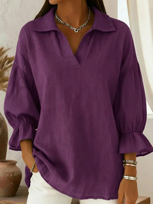 Plus Size Women Solid Color Collar Puff Sleeve Top