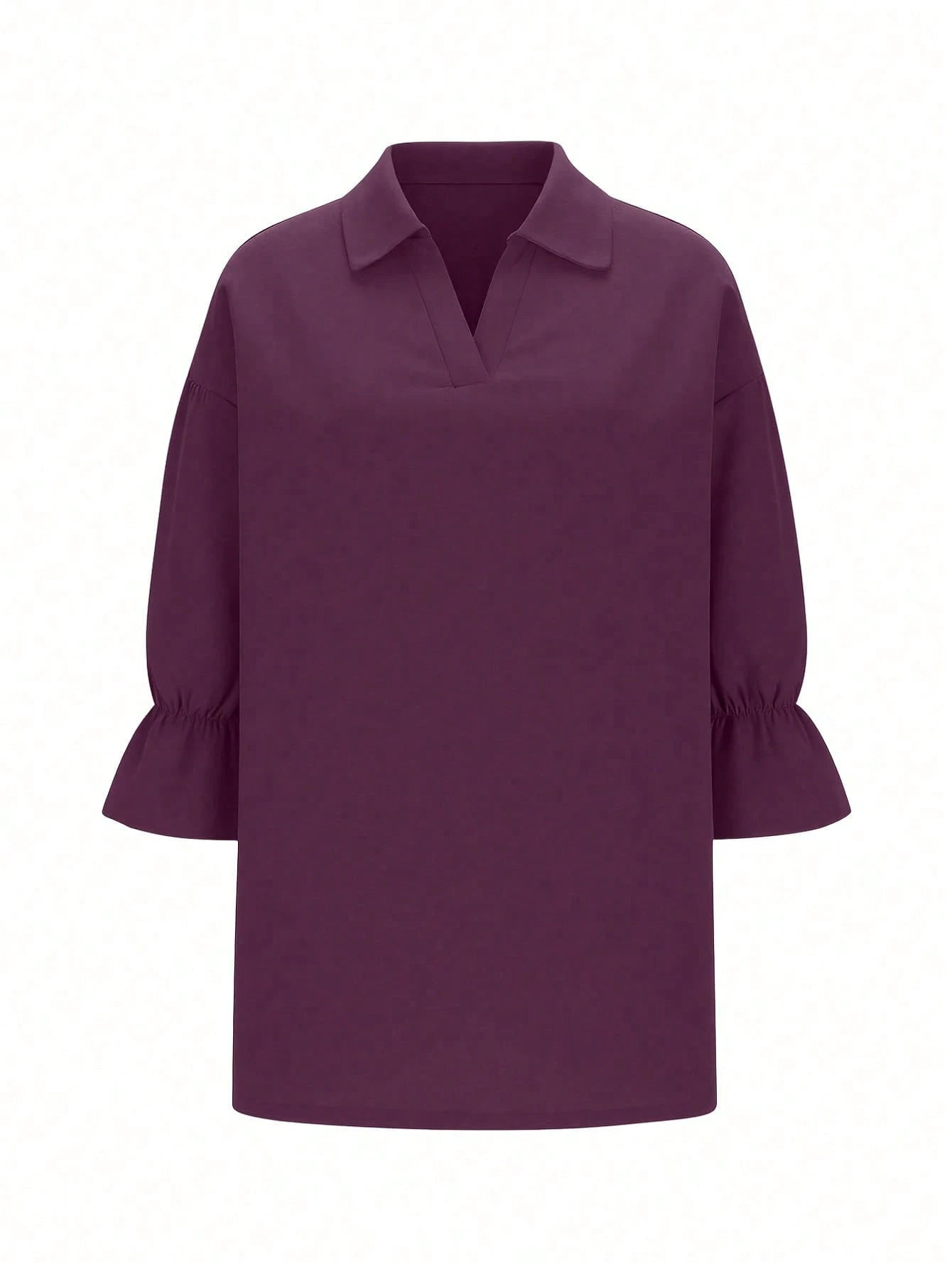 Plus Size Women Solid Color Collar Puff Sleeve Top