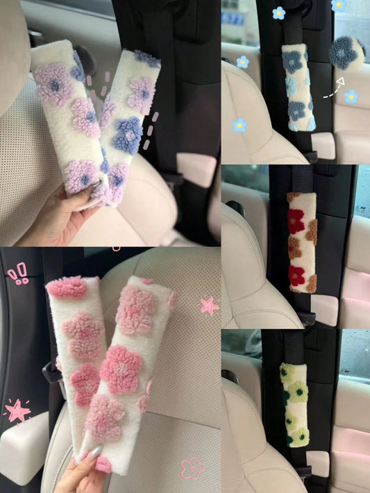 Plush Flower Car Seat Belt Shoulder Pads, Soft & Breathable Safety Belt Protector,Car Accessories Women