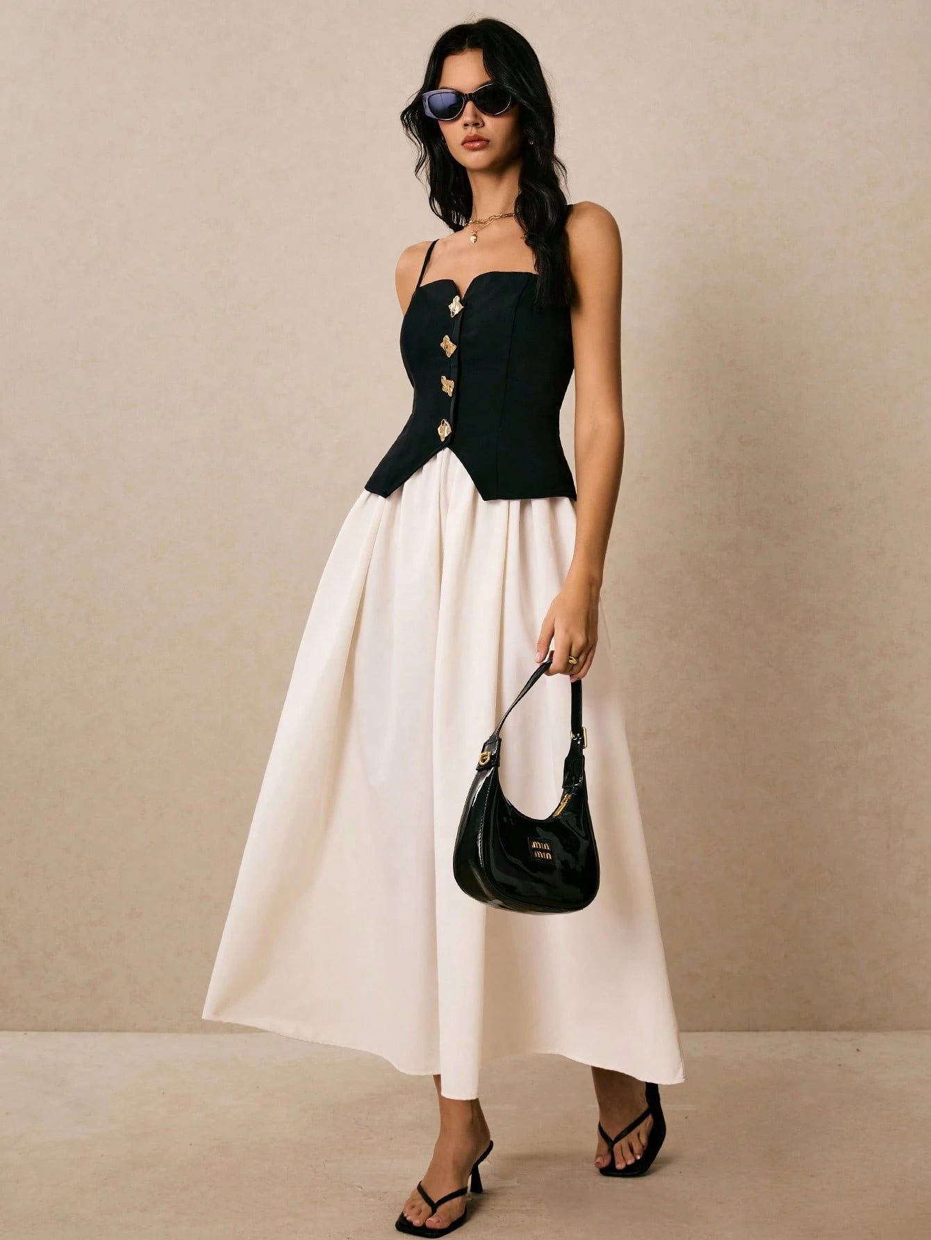 Poéselle 2-In-1 Women's Contrast Color Front Button Strap Midi Dress Date Night White And Black Summer Elegant French