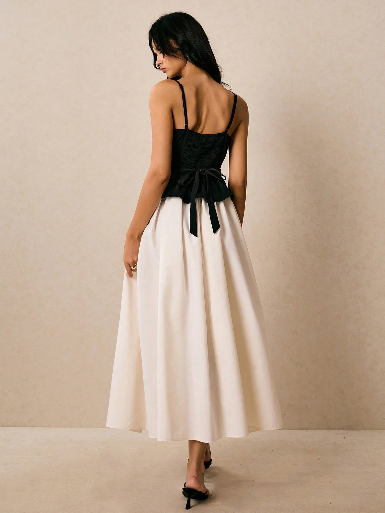 Poéselle 2-In-1 Women's Contrast Color Front Button Strap Midi Dress Date Night White And Black Summer Elegant French