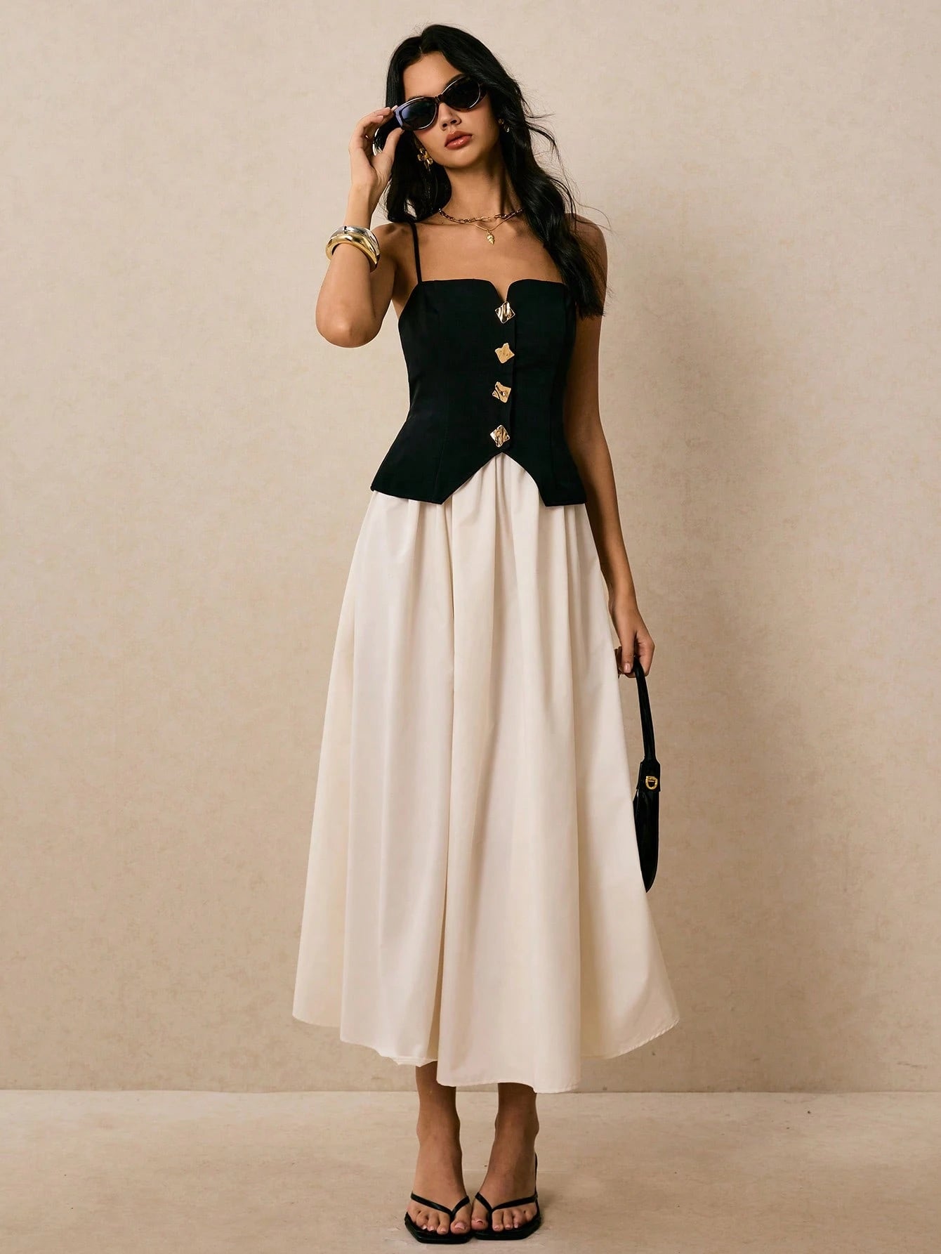 Poéselle 2-In-1 Women's Contrast Color Front Button Strap Midi Dress Date Night White And Black Summer Elegant French