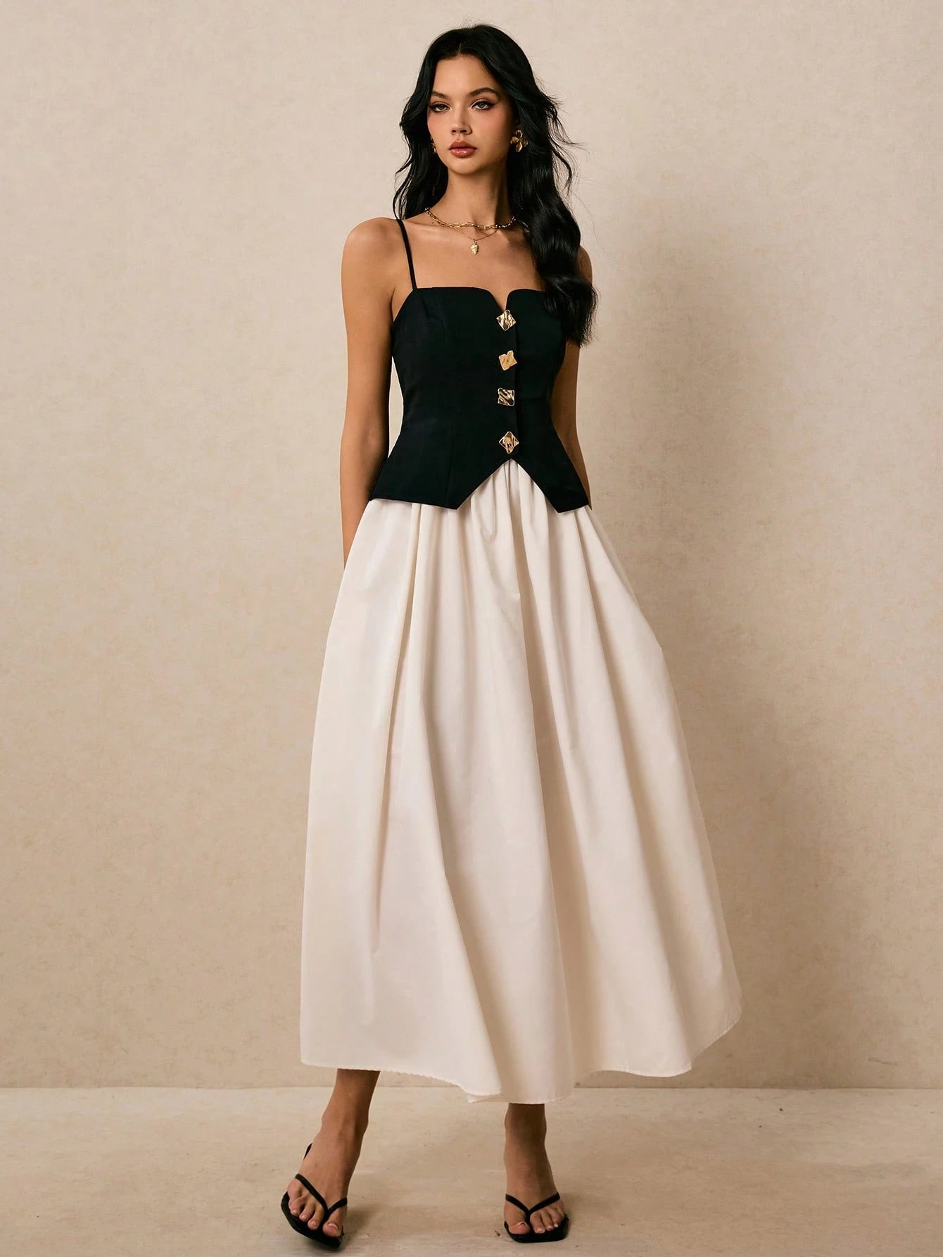 Poéselle 2-In-1 Women's Contrast Color Front Button Strap Midi Dress Date Night White And Black Summer Elegant French