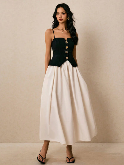 Poéselle 2-In-1 Women's Contrast Color Front Button Strap Midi Dress Date Night White And Black Summer Elegant French