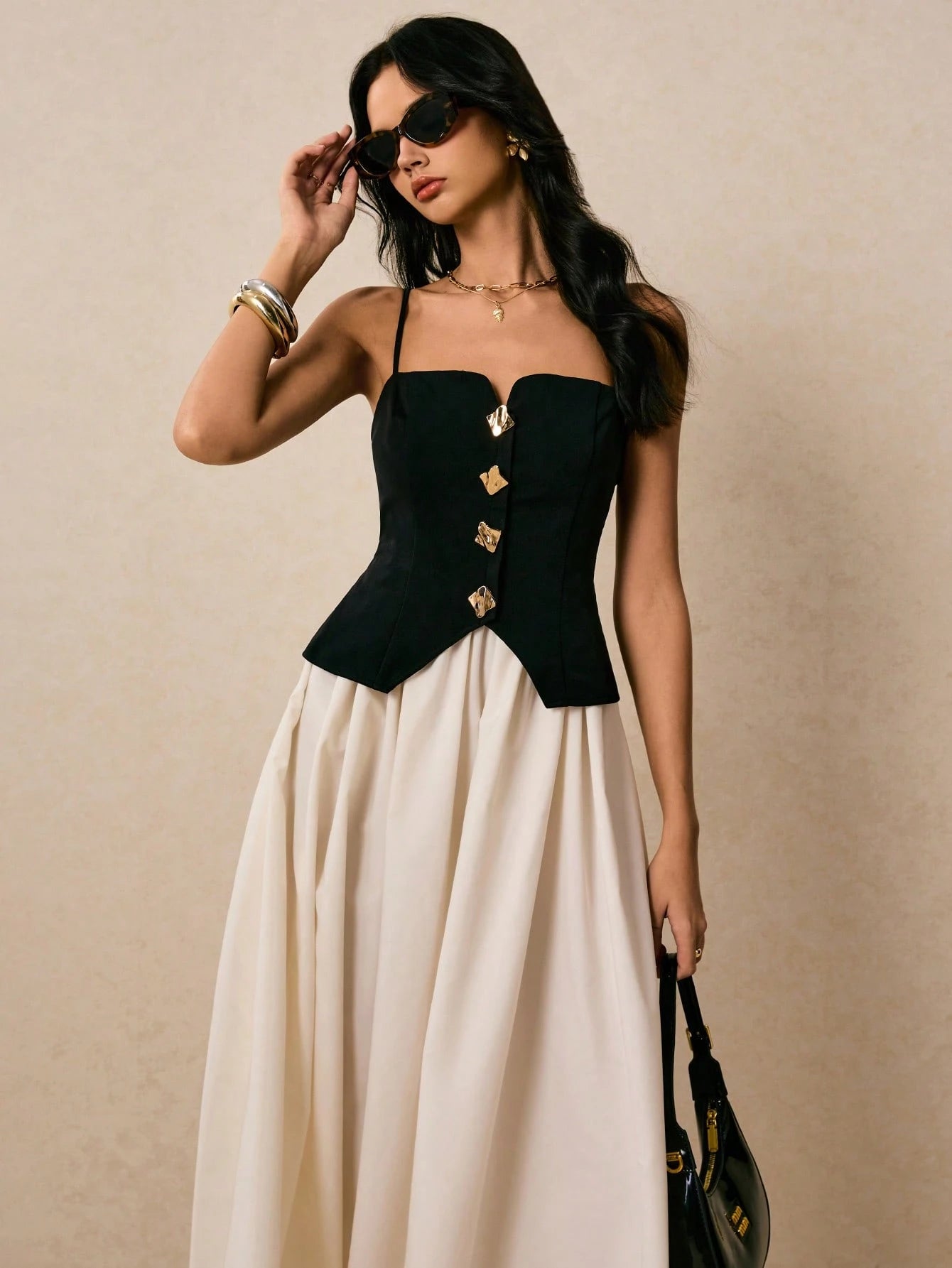 Poéselle 2-In-1 Women's Contrast Color Front Button Strap Midi Dress Date Night White And Black Summer Elegant French