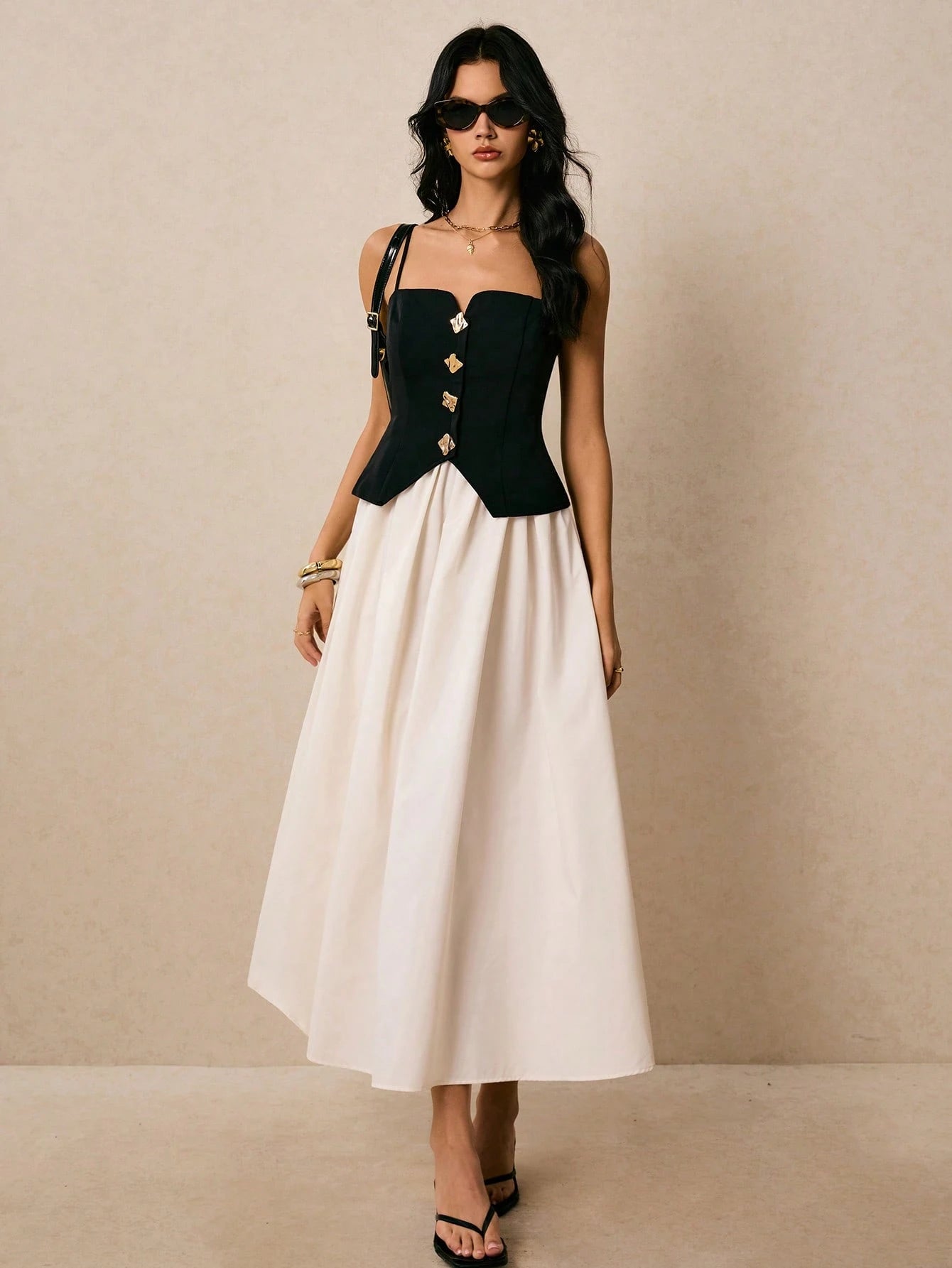 Poéselle 2-In-1 Women's Contrast Color Front Button Strap Midi Dress Date Night White And Black Summer Elegant French