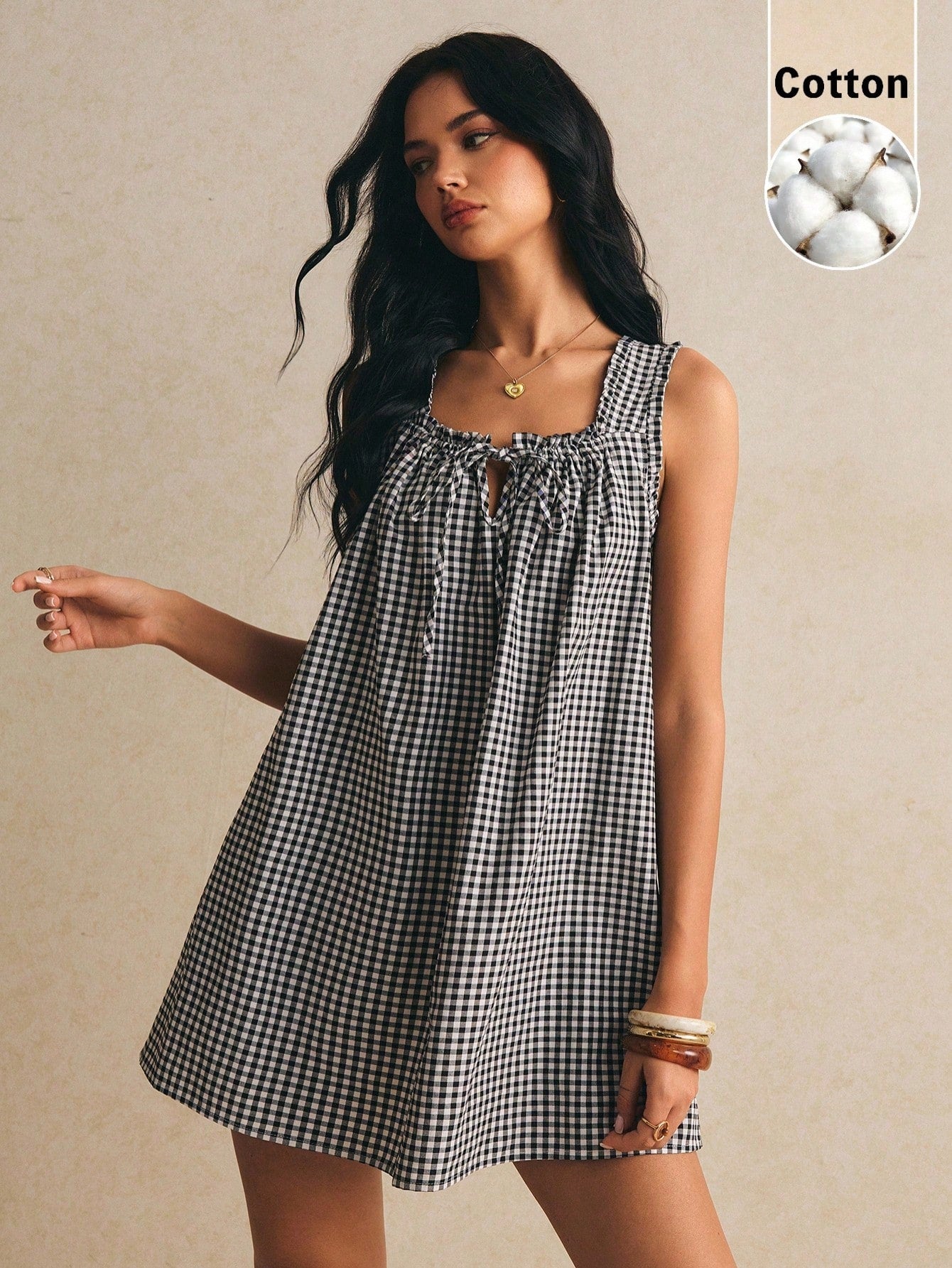 Poéselle Women's Cotton Dress Black Gingham Checkered Mini Sleeveless Tie Front Square Neck Babydoll Sundress Loose A-Line Picnic For Summer Vacation Old Money