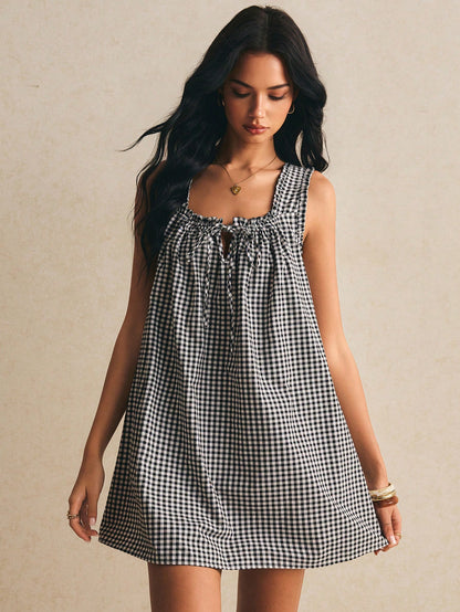 Poéselle Women's Cotton Dress Black Gingham Checkered Mini Sleeveless Tie Front Square Neck Babydoll Sundress Loose A-Line Picnic For Summer Vacation Old Money