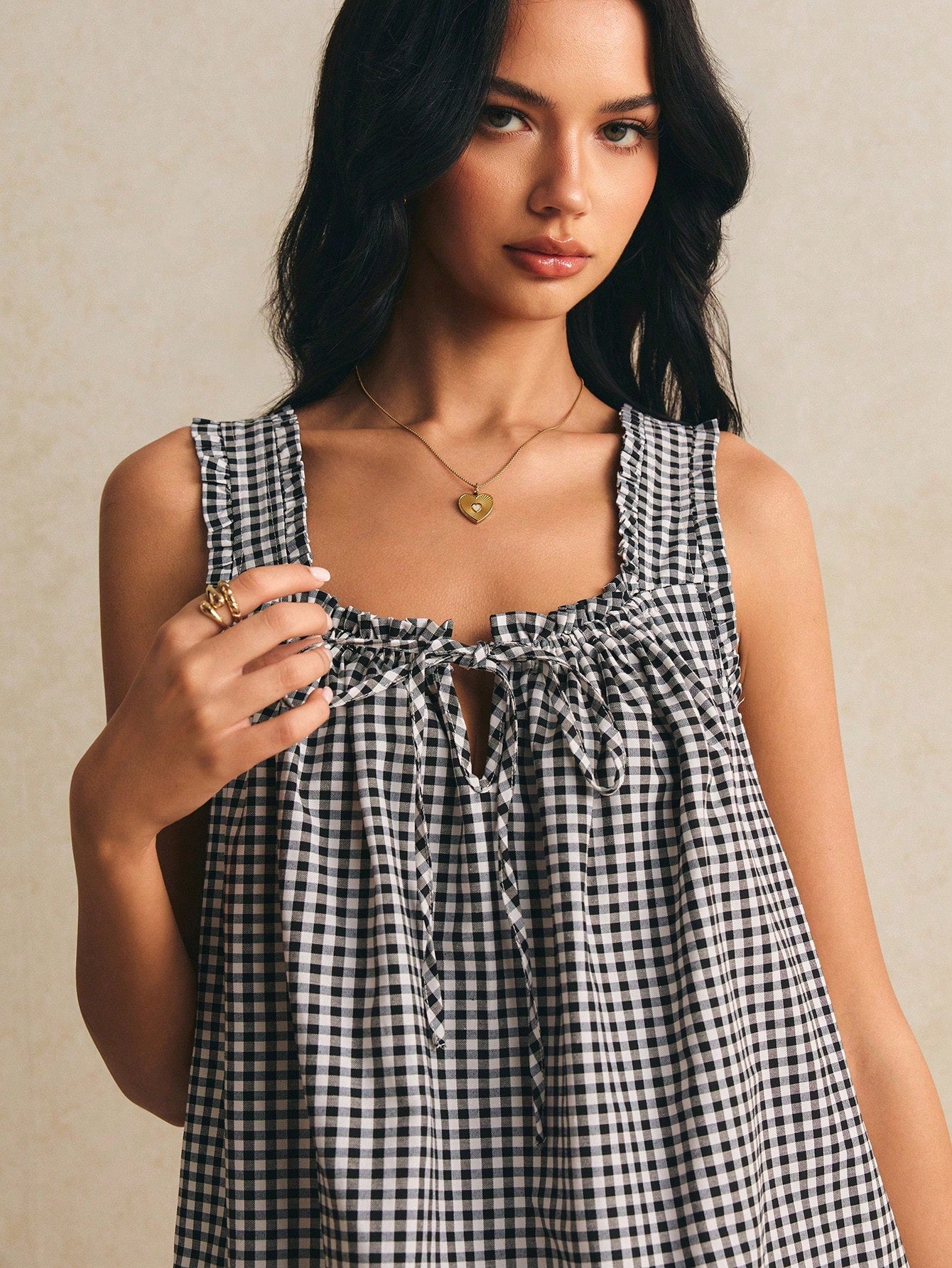 Poéselle Women's Cotton Dress Black Gingham Checkered Mini Sleeveless Tie Front Square Neck Babydoll Sundress Loose A-Line Picnic For Summer Vacation Old Money