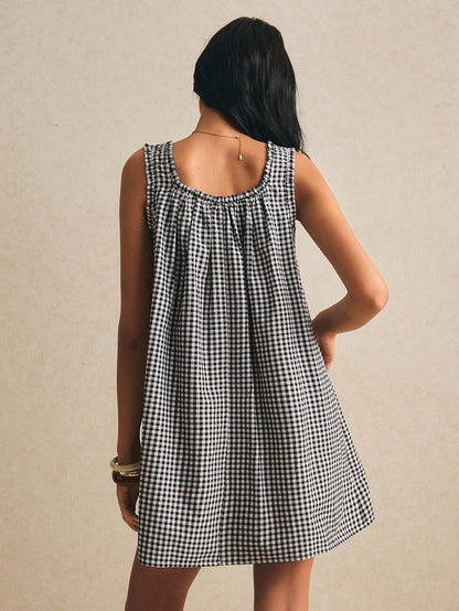 Poéselle Women's Cotton Dress Black Gingham Checkered Mini Sleeveless Tie Front Square Neck Babydoll Sundress Loose A-Line Picnic For Summer Vacation Old Money
