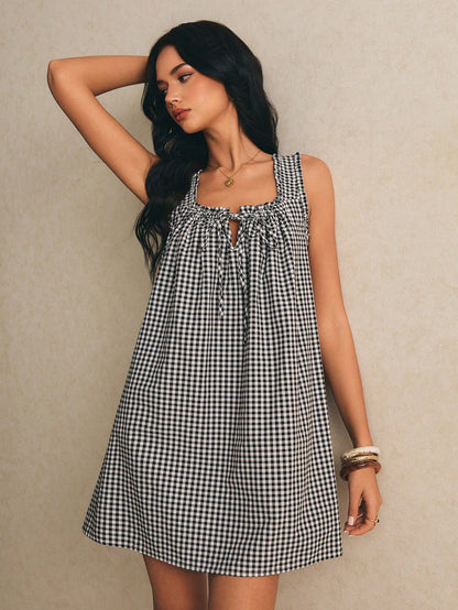Poéselle Women's Cotton Dress Black Gingham Checkered Mini Sleeveless Tie Front Square Neck Babydoll Sundress Loose A-Line Picnic For Summer Vacation Old Money
