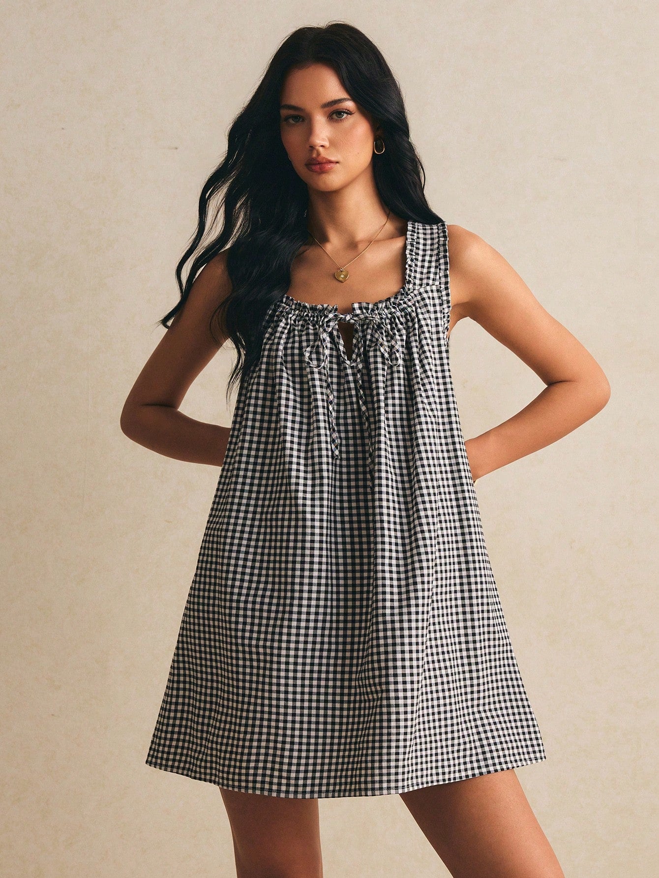 Poéselle Women's Cotton Dress Black Gingham Checkered Mini Sleeveless Tie Front Square Neck Babydoll Sundress Loose A-Line Picnic For Summer Vacation Old Money