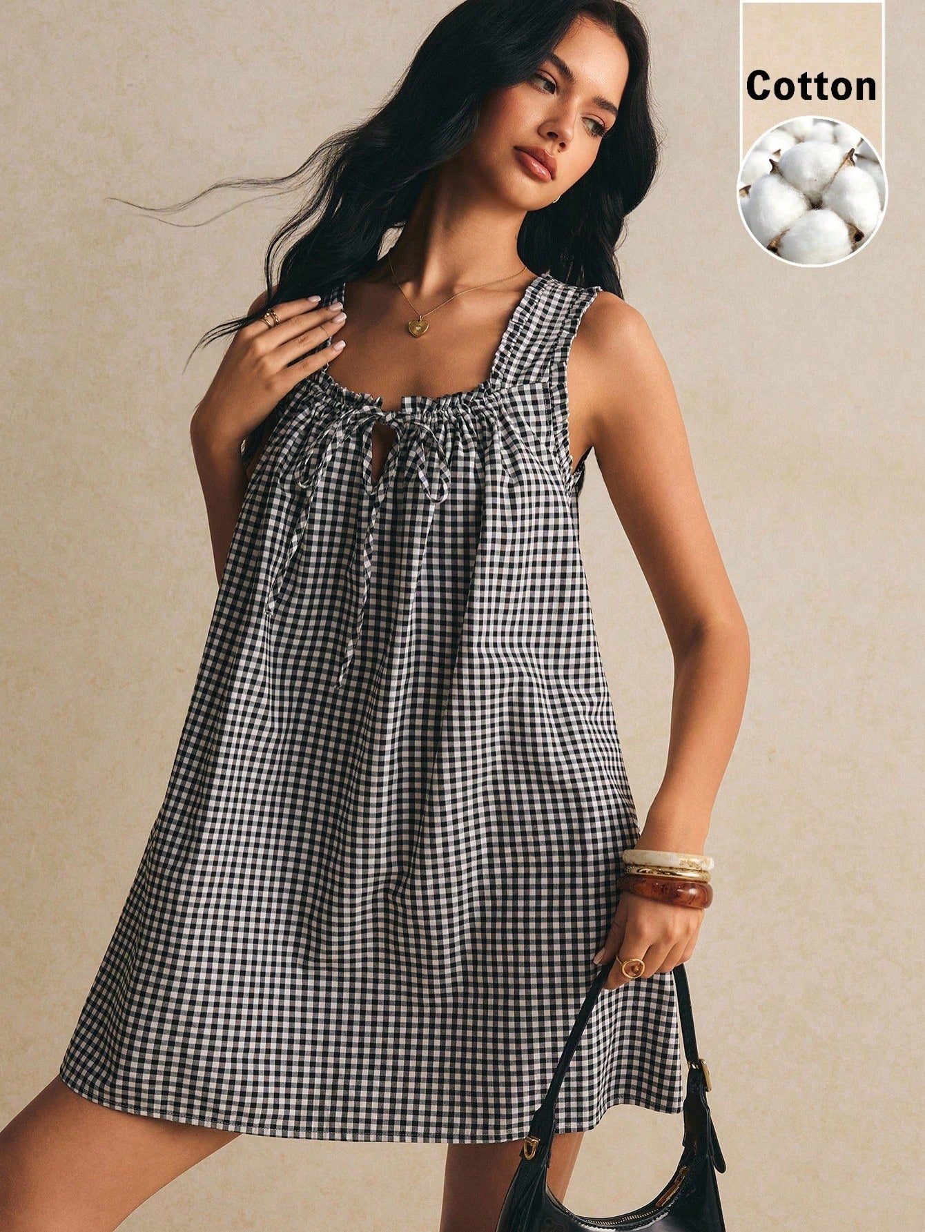 Poéselle Women's Cotton Dress Black Gingham Checkered Mini Sleeveless Tie Front Square Neck Babydoll Sundress Loose A-Line Picnic For Summer Vacation Old Money