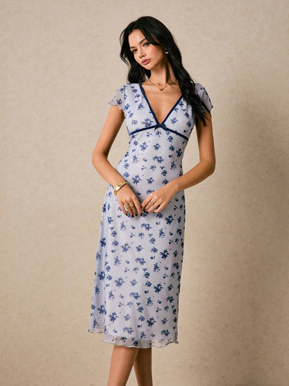 Poéselle Women's Elegant French Romantic Light Blue Floral Floral Print Midi Dress With V-Neck And Lettuce Trim Detail Vacation Summer