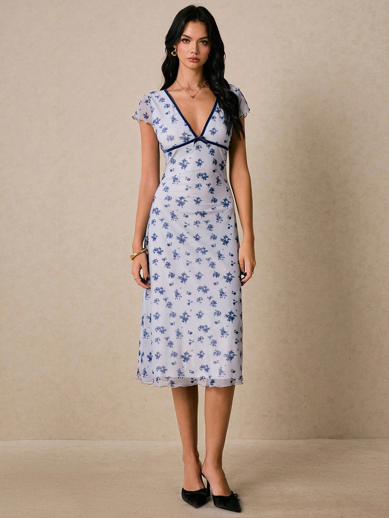 Poéselle Women's Elegant French Romantic Light Blue Floral Floral Print Midi Dress With V-Neck And Lettuce Trim Detail Vacation Summer