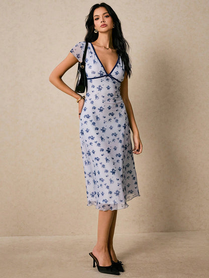 Poéselle Women's Elegant French Romantic Light Blue Floral Floral Print Midi Dress With V-Neck And Lettuce Trim Detail Vacation Summer