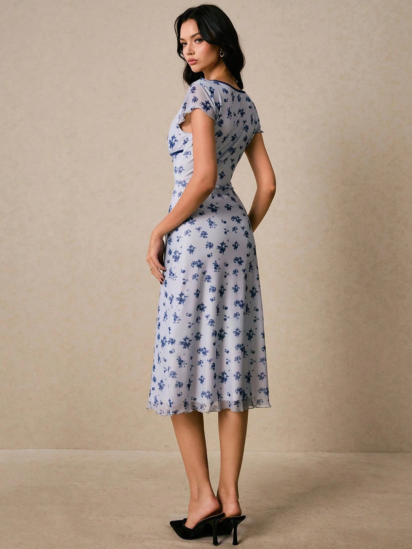 Poéselle Women's Elegant French Romantic Light Blue Floral Floral Print Midi Dress With V-Neck And Lettuce Trim Detail Vacation Summer