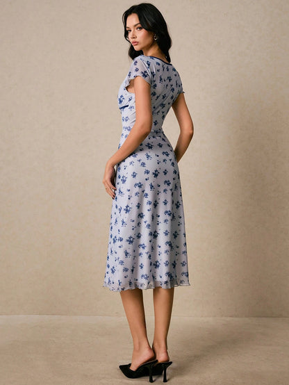 Poéselle Women's Elegant French Romantic Light Blue Floral Floral Print Midi Dress With V-Neck And Lettuce Trim Detail Vacation Summer