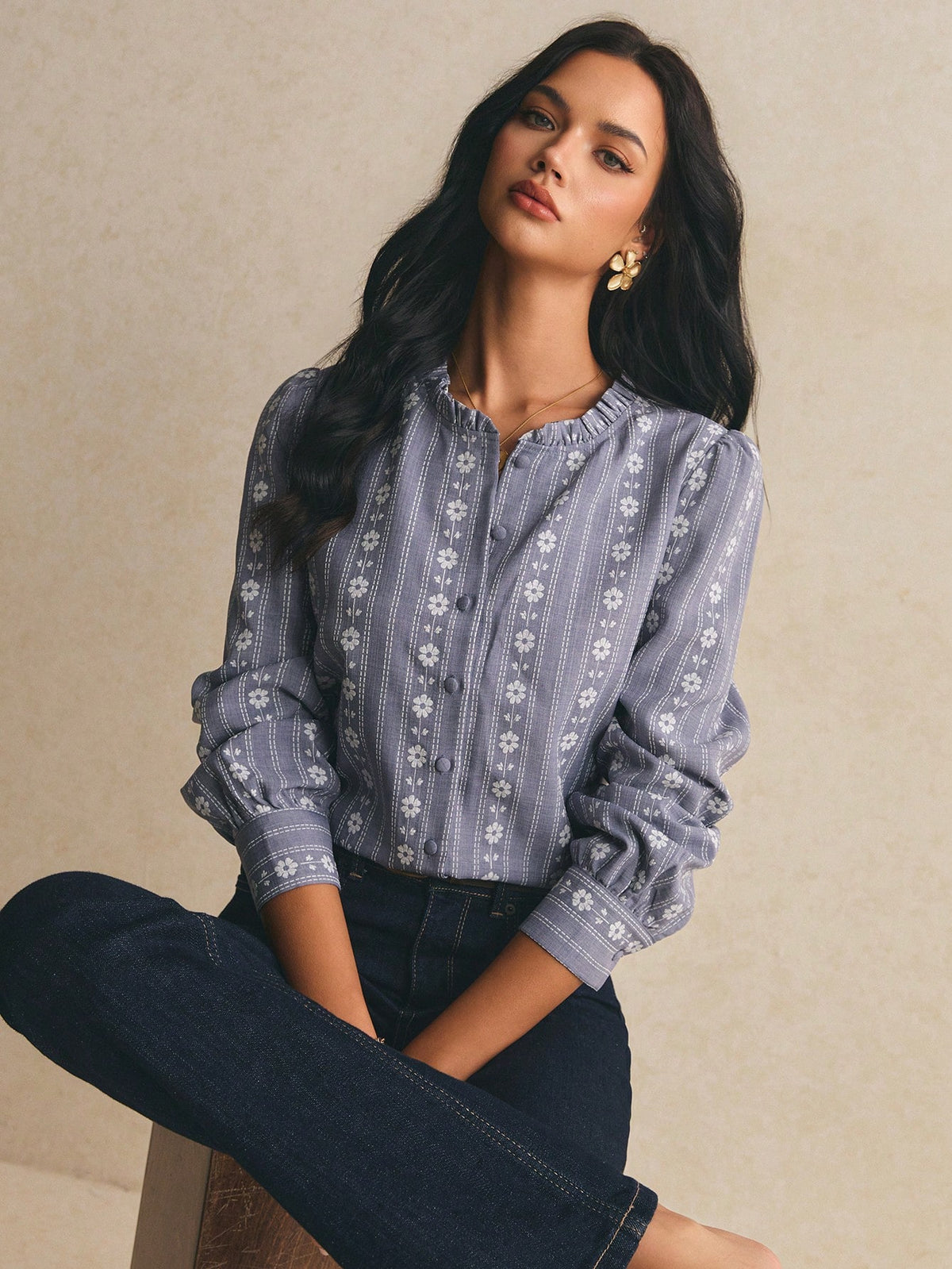 Poéselle Women's Long Sleeve Printed Sweet Elegant Elegant Blouse