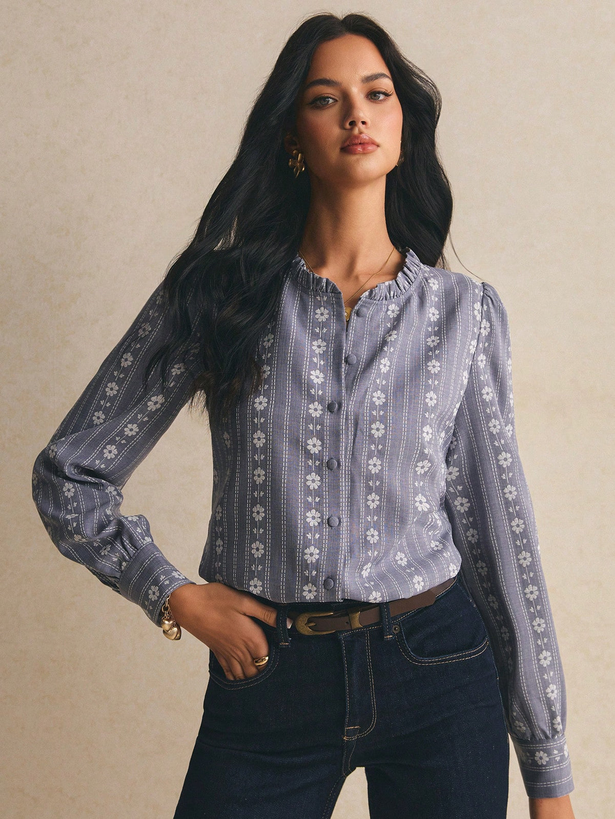 Poéselle Women's Long Sleeve Printed Sweet Elegant Elegant Blouse