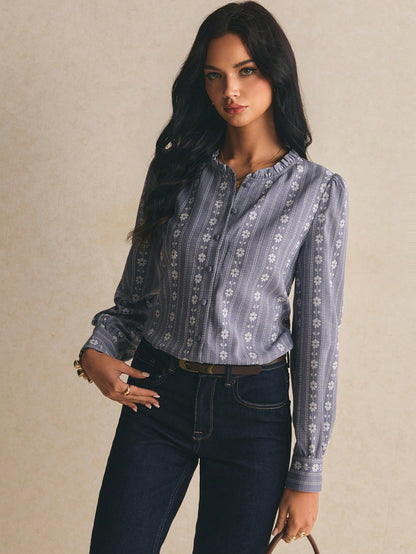 Poéselle Women's Long Sleeve Printed Sweet Elegant Elegant Blouse