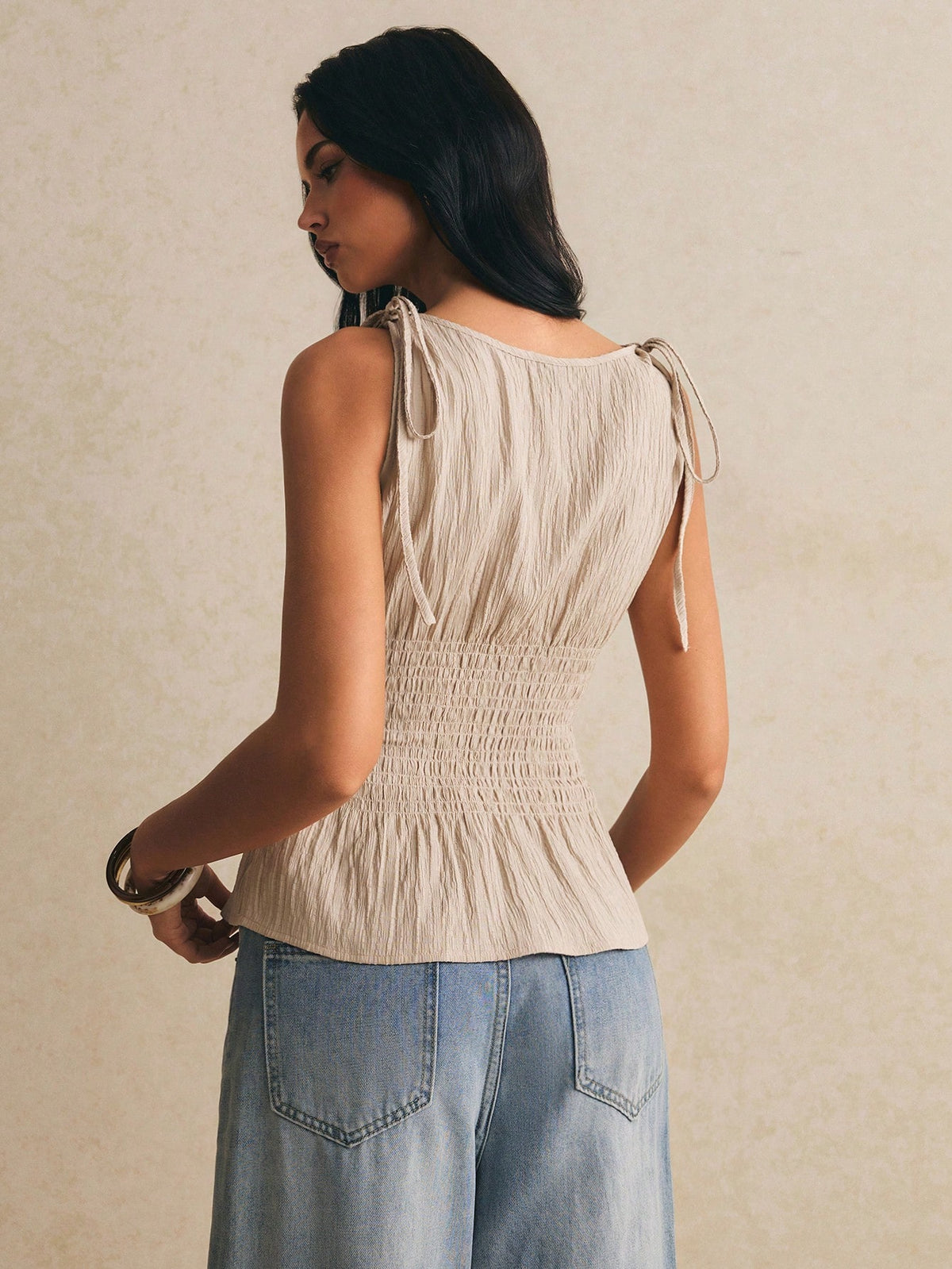 Poéselle Women's Smocked Peplum Tank Top For Women – Sleeveless Tie Shoulder Top, Casual French Elegant Summer Textured Smocked Tank Top Brunch Beige