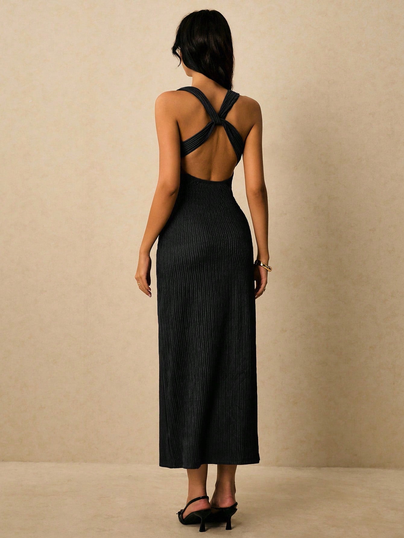 Poéselle Women's Solid Color Fitted Elegant Backless Cross Design Sleeveless Dress,Fall Wedding Guest Dress,Wedding Guest Dress Women