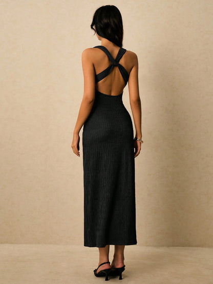 Poéselle Women's Solid Color Fitted Elegant Backless Cross Design Sleeveless Dress,Fall Wedding Guest Dress,Wedding Guest Dress Women
