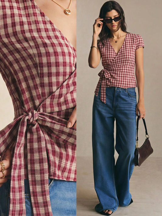 Poéselle Women's Summer Casual Plaid Tie Wrap Shirt Summer Tops Back To School Going Out Tops Y2K Plaid Blouse Red Top