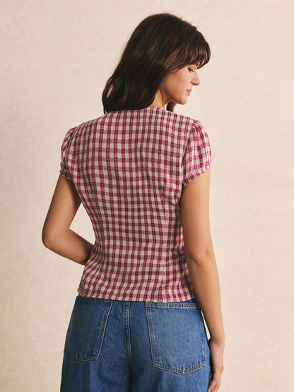 Poéselle Women's Summer Casual Plaid Tie Wrap Shirt Summer Tops Back To School Going Out Tops Y2K Plaid Blouse Red Top