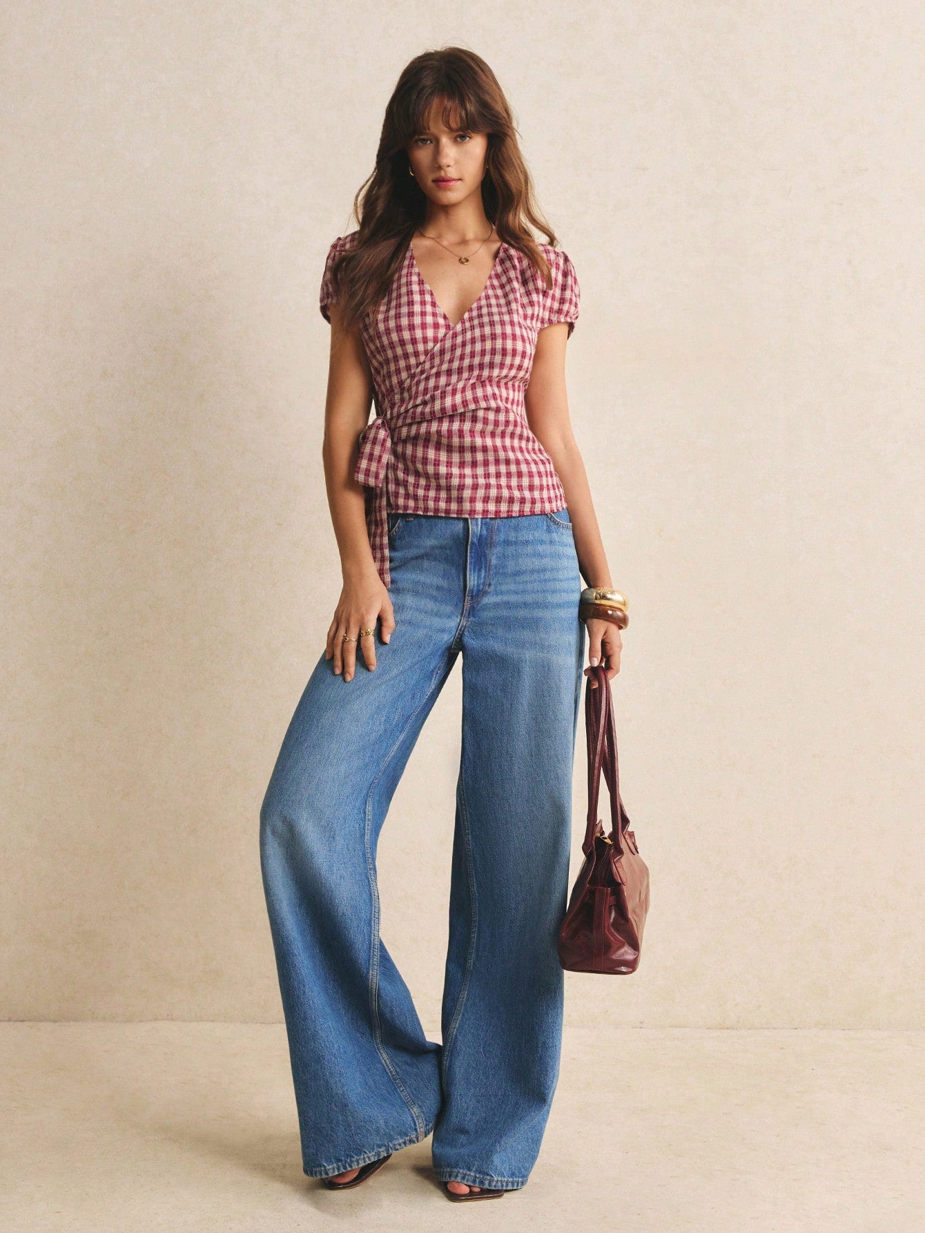 Poéselle Women's Summer Casual Plaid Tie Wrap Shirt Summer Tops Back To School Going Out Tops Y2K Plaid Blouse Red Top