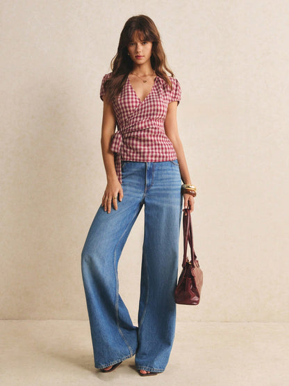 Poéselle Women's Summer Casual Plaid Tie Wrap Shirt Summer Tops Back To School Going Out Tops Y2K Plaid Blouse Red Top