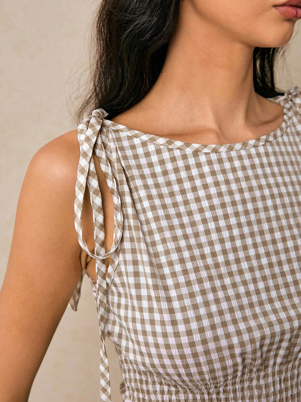 Poéselle Women's Top Waist Gingham Top Round Neck Waist Tie Flounced Hem Shoulder Tie Tank Top Summer Clothes Cute Cottage Core Y2k Vacation White