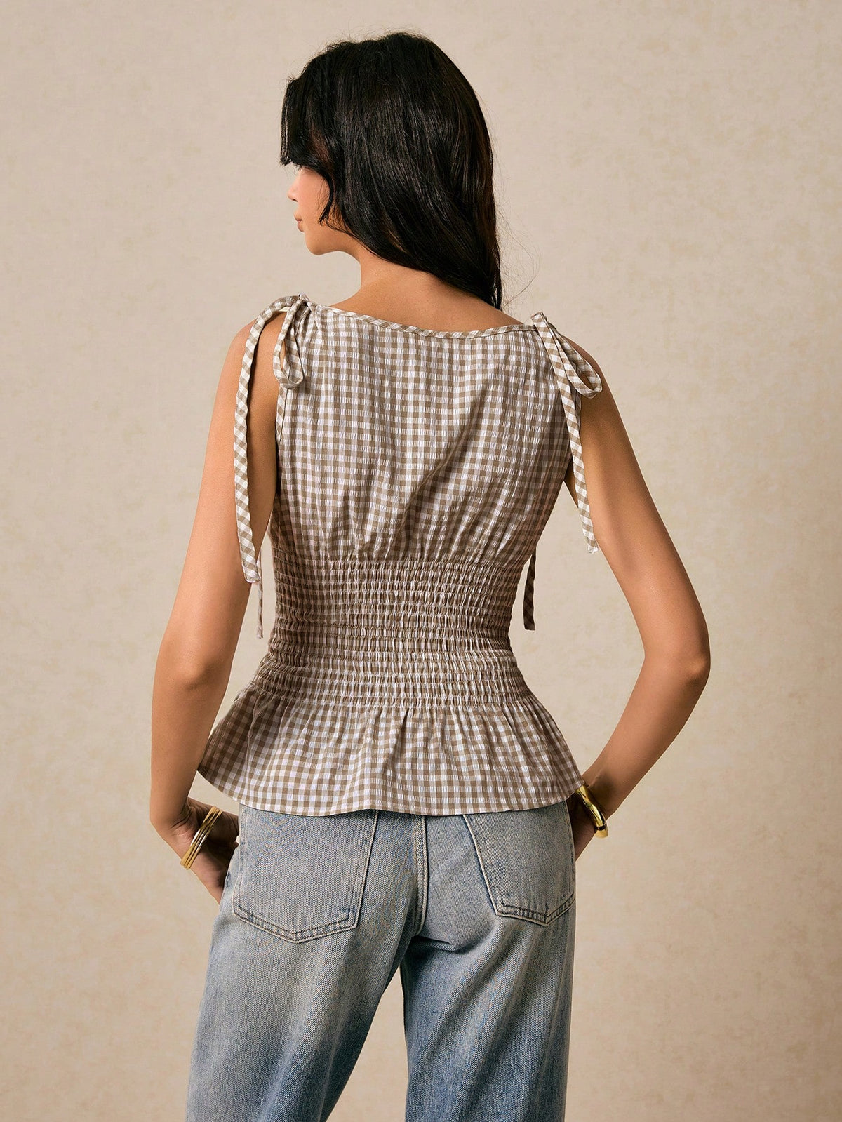 Poéselle Women's Top Waist Gingham Top Round Neck Waist Tie Flounced Hem Shoulder Tie Tank Top Summer Clothes Cute Cottage Core Y2k Vacation White